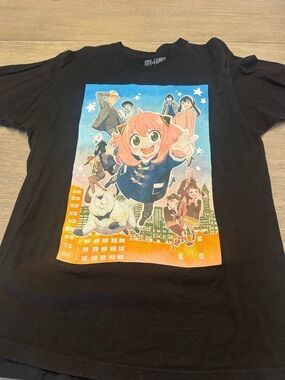 Kids Black Anime Graphic T-Shirt with Colorful Character Print